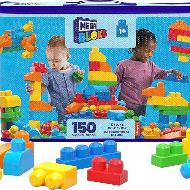 MEGA BLOKS First Builders Toddler Blocks Toys Set, Deluxe Building Bag with 150 Pieces and Storage, Blue, Ages 1+ Years