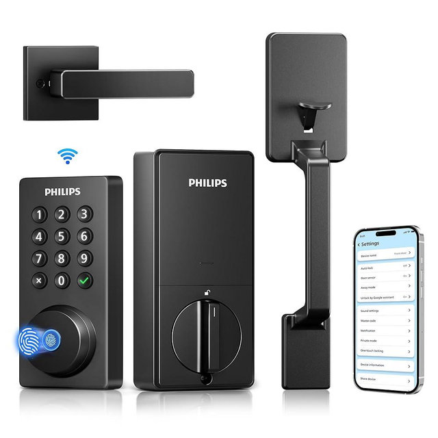 Philips Wi-Fi Smart Deadbolt Lock with Handle Set, Keyless Entry Door Lock for Front Door, Built-in WiFi, Compatible with Alexa & Google Assistant, Auto Locking