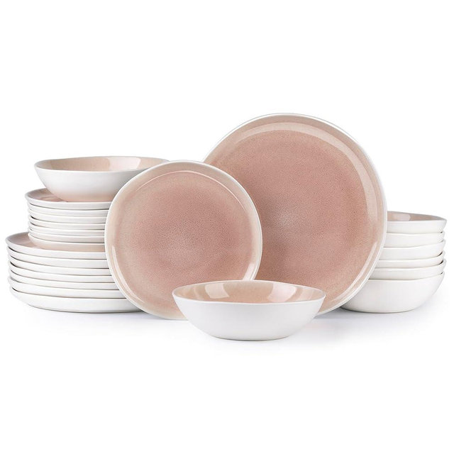 AmorArc Ceramic Dinnerware Sets,Handmade Reactive Glaze Stoneware Plates and Bowls Sets,Highly Scratch Resistant | Dishwasher & Microwave Safe Dishes Set,Service for 8 (24pc)-Pink