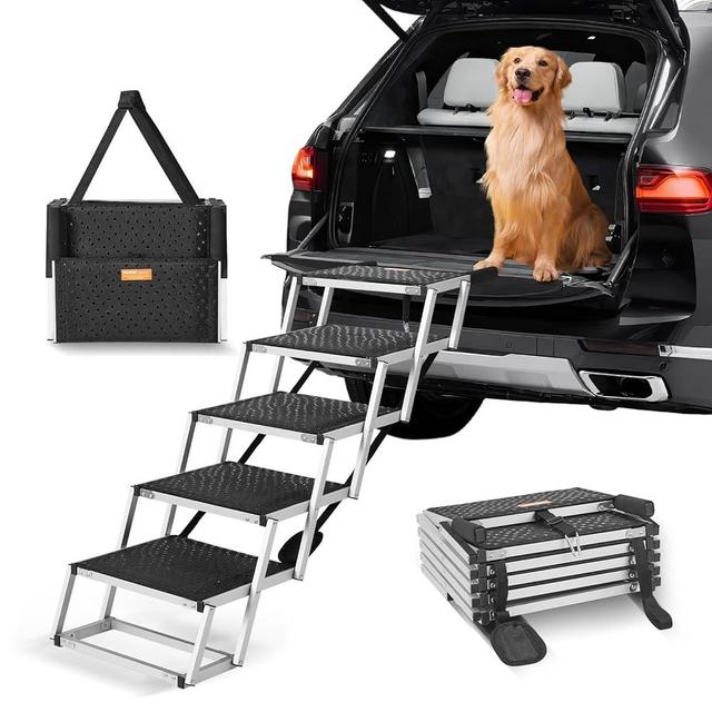 VEVOR Dog Stairs for Car, Wide 5-Step Dog Car Steps, Folding Dog Car Ramp with Nonslip Surface, Portable Pet Steps Lightweight Aluminum for Car, SUV and Truck, Supports up to 150 lbs