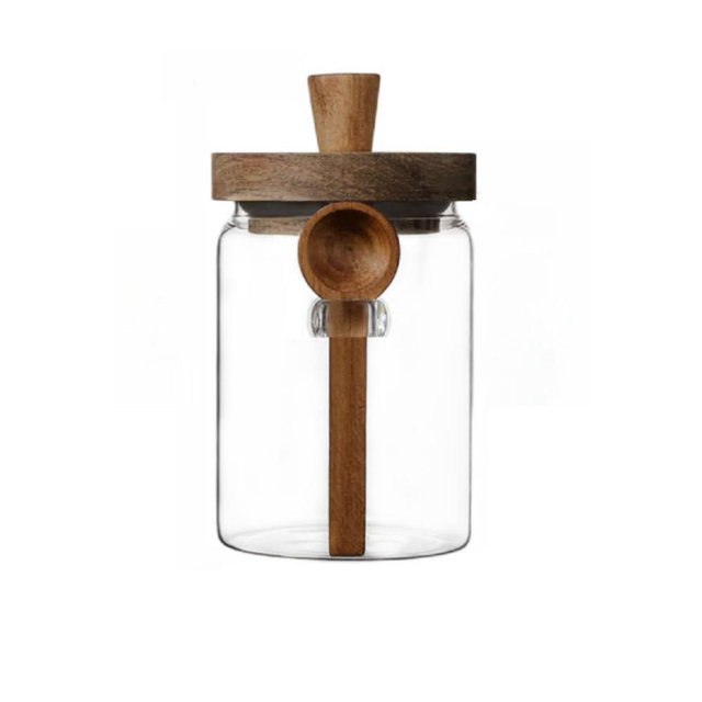 ANSQU Glass Jar with Wooden Lid and Spoon, 20.3oz Food Storage Containers Coffee Jar Coffee Grounds Container, Glass Food Storage Canister (1 Pack)