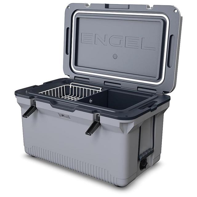 ENGEL 60 QT Ultra-Light Injection Molded Cooler - Ice Chest Keeps Ice up to 7 Days - Large Cooler Includes Wire Basket, Divider and Built-in Bottle Opener - Gray with Dark Grey Interior (Haze Grey)