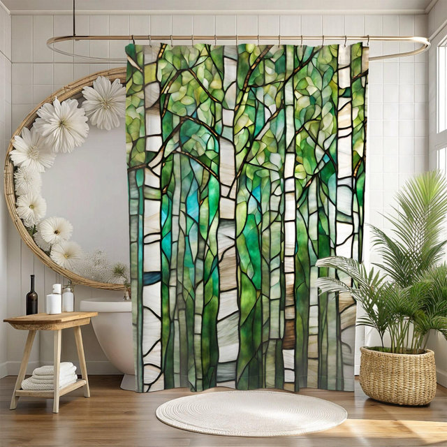 Stained Glass Birch Trees Shower Curtain Modern Art Deco Forest Scenery Bathroom Botanical Decor for Nature Lovers New and Guest Home Gift