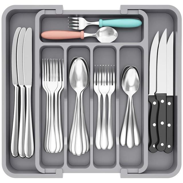 Lifewit Silverware Drawer Organizer, Expandable BPA Free Utensil Tray for Kitchen, Adjustable Flatware and Cutlery Holder for Spoons Forks Knives, Plastic Kitchen Organizers and Storage, Gray