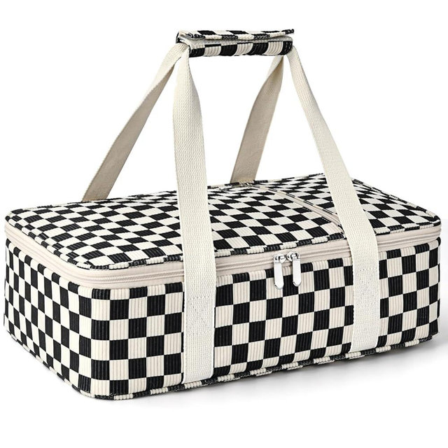 MIAOJIE Insulated Casserole Carrier for Hot or Cold Food,Pie Carrier Bag Lunch Bag Tote for Potluck Parties/Picnic/Cookouts, Fits 9"x13" Baking Dish,Single Corduroy Black Checkered Pattern