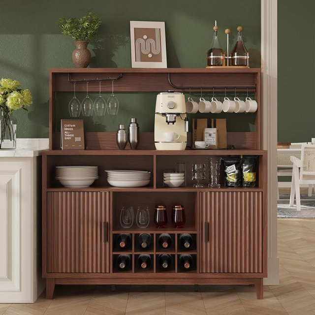 Vabches Fluted Coffee Bar Cabinet with Charging Station, 47.2" W Home Bar Furniture with Removable Wine Rack, Glass Holder, Modern Liquor Cabinet for Kitchen, Dining, Living Room, Entryway, Walnut
