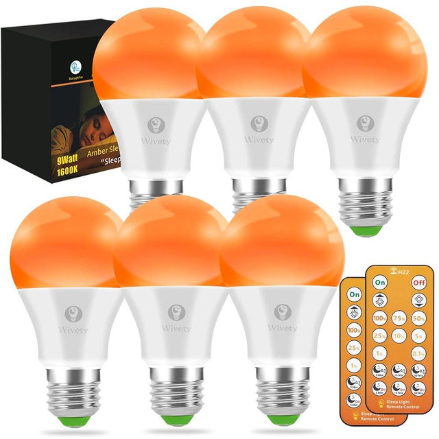Sleep Light Bulbs Amber 1600K with Remote Control, Blue Light Blocking A19, 9W for Sleep Therapy, Baby Nursery, Bedroom (6 Pack)
