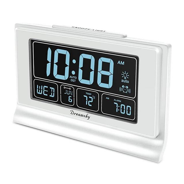 DreamSky Auto Set Digital Alarm Clock with USB Charging Port, 6.6 Inches Large Screen with Time/Date/Temperature Display, Full Range Brightness Dimmer, Auto DST Setting, Snooze. (White)