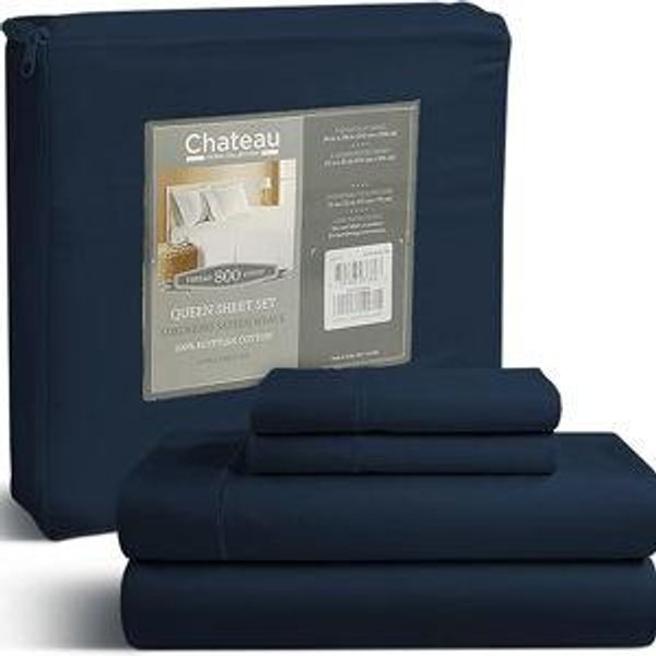 CHATEAU HOME COLLECTION Queen Sheets, Bedding Sheets & Pillowcases, 100% Egyptian Cotton Sheets Queen Size, 800 Thread Count 4 Piece Sheet Set, Hotel Bed Sheets for Women, Bed Sheets - Dark Denim