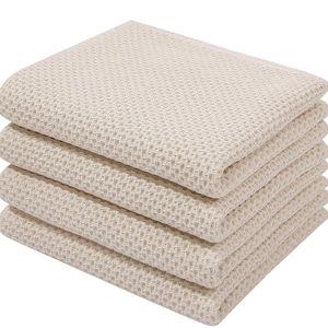 Homaxy 100% Cotton Waffle Weave Kitchen Dish Towels, Ultra Soft Absorbent Quick Drying Cleaning Towel, 13 x 28 Inches, 4-Pack, Beige
