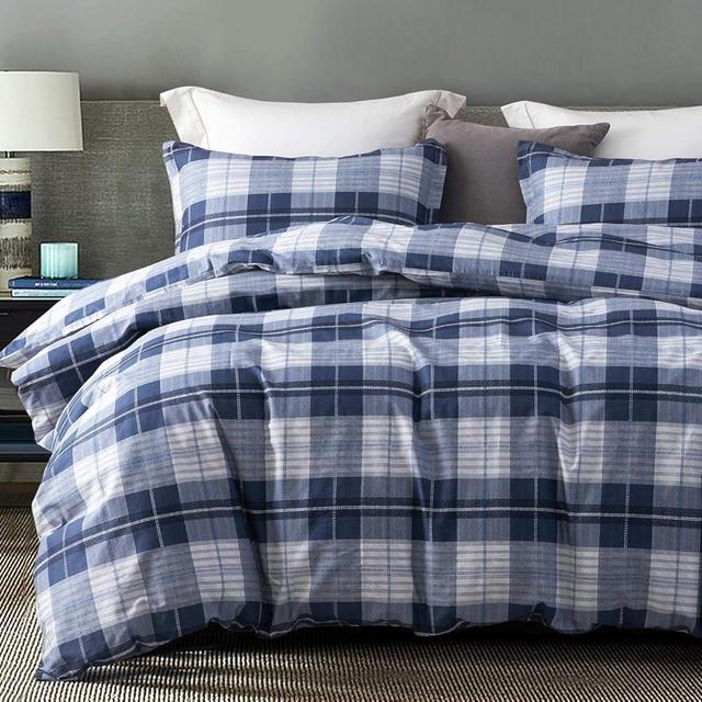 SLEEPBELLA Comforter Queen Size, 600 Thread Count Cotton Navy Blue & Grey Buffalo Pattern Blue Plaid Comforter Sets,Down Alternative Bedding Set 3Pcs (Queen, Navy Plaid)