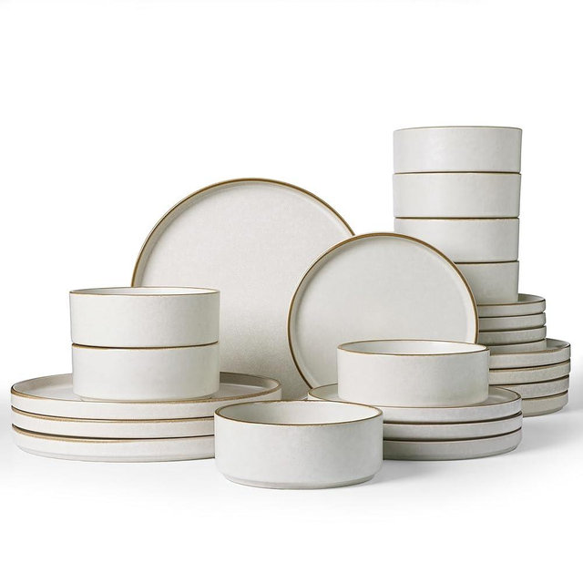 Famiware Nebula Plates and Bowls Sets, 24 Pieces Stoneware Dinnerware Sets, Reactive Glaze Dish Set, Dishes Set for 8, Matte Beige White with Brown Rim