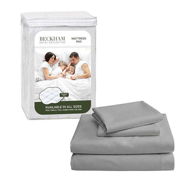 Beckham Hotel Collection Queen Size Mattress Pad & Dark Gray Cotton Sheet Set, Deep Pocket, All Season Use