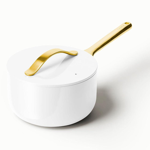 Caraway Nonstick Ceramic Sauce Pan with Lid (3 qt) - Non Toxic, PTFE & PFOA Free - Oven Safe & Compatible with All Stovetops (Gas, Electric & Induction) - White