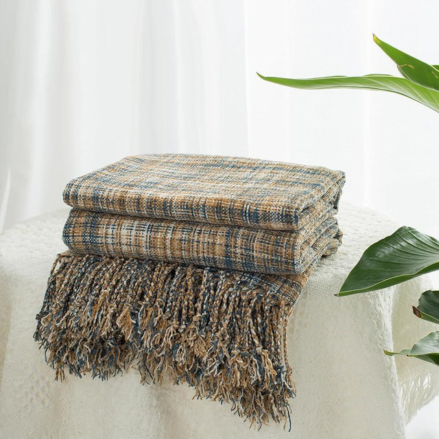 GINAMUSE Chenille Throw Blanket for Couch with Tassels,60"X80" Soft Lightweight Knitted Boho Decorative Blankets for Bed and Sofa,Blue and Yellow