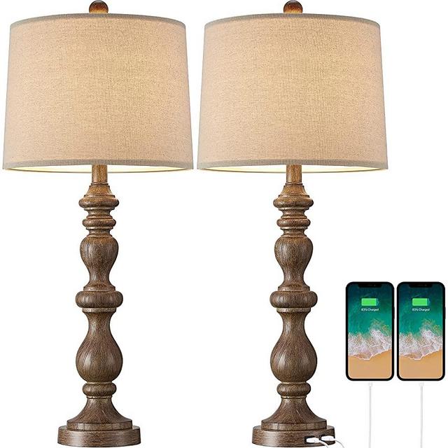 OYEARS USB Table Lamp Set of 2 for Living Room Resin 27 3/4" H Retro Table Lampwith 2 USB Port for Bedroom Vintage Table Lamp (Brown 333)