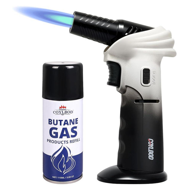 CoYlBod Butane Torch Lighter with Butane Included, 115Ml Butane Refill, 0-90°Rotating Angle Kitchen Torch, Refillable Creme Brulee Torch with Safety Lock, Adjustable Flame for Soldering, Cooking.