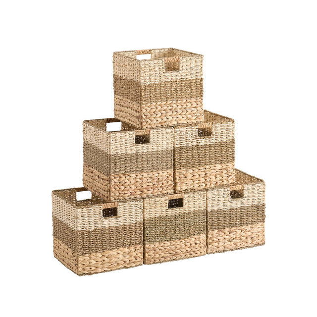 Ornavo Home 13" x 13" Inch Water Hyacinth Mixed Weave Wicker Storage Basket with Handles - Set of 6