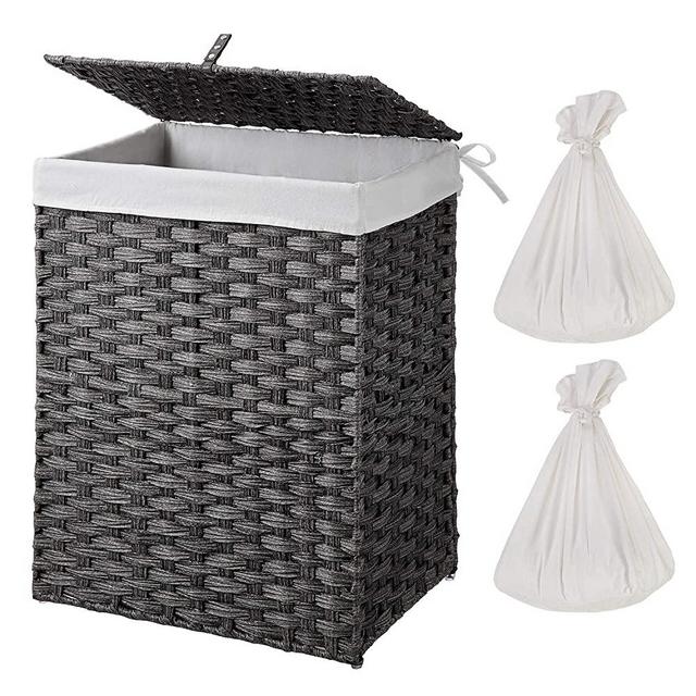 Greenstell Handwoven Laundry Hamper with 2 Removable Liner Bag, Synthetic Rattan Laundry Basket with Lid and Handles, Foldable and Easy to Install Gray (Standard Size)