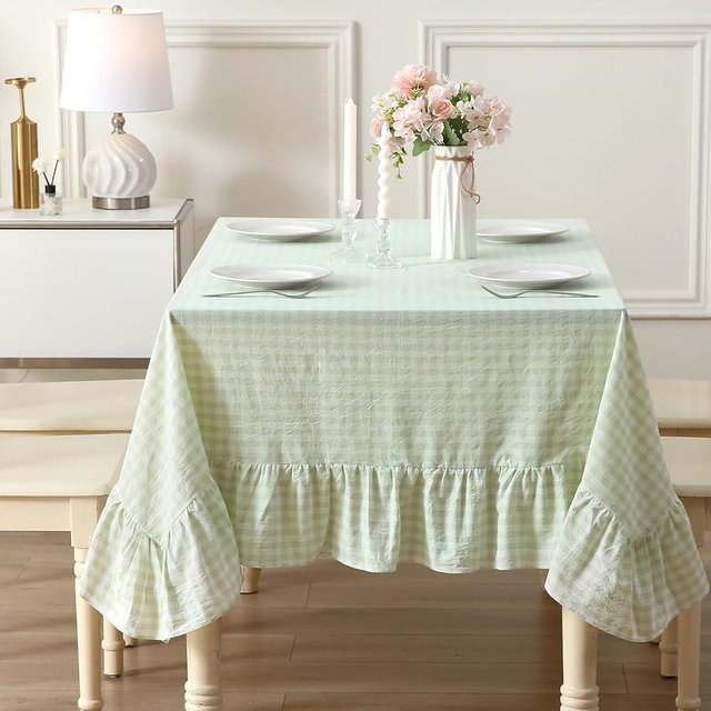 K MASANIJI Pile Green Gingham Ruffled Table Cloth for Rectangle Table Seat 4-6, 100% Washed Cotton Classic Cottage Coquette Checker Gingham Vintage Decorative Tablecloth -70"x52"