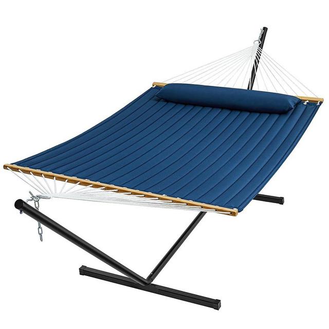 SUPERJARE Hammock with Stand, 2 Person Quilted Outdoor Hammock, Detachable Pillow & Bamboo Spreaders, Portable Hammock with Carrying Bag, Heavy Duty Stand, Perfect for Outside, Patio, Navy Blue