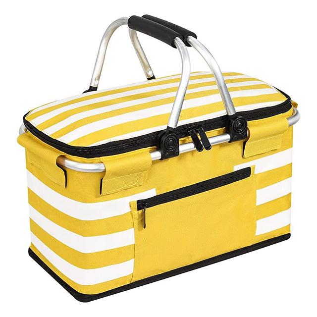 KEFOMOL Insulated Picnic Basket,Leak-Proof Collapsible Cooler Bag,26L Grocery Basket with Lid,2 Sturdy Handles,Storage Basket for Picnic,Food Delivery,Take Outs,Market Shopping,Travel (Yellow)