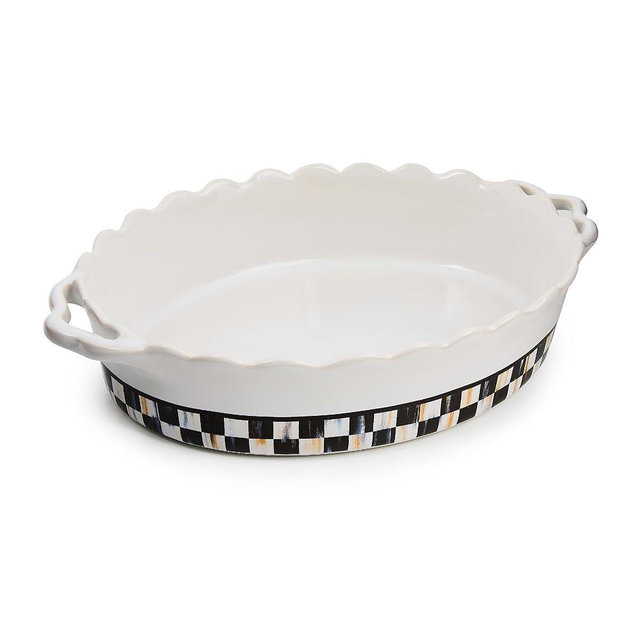 MACKENZIE-CHILDS Everyday Oval Casserole Baker, Cute Oven Baker, Medium, Black-and-White Courtly Check