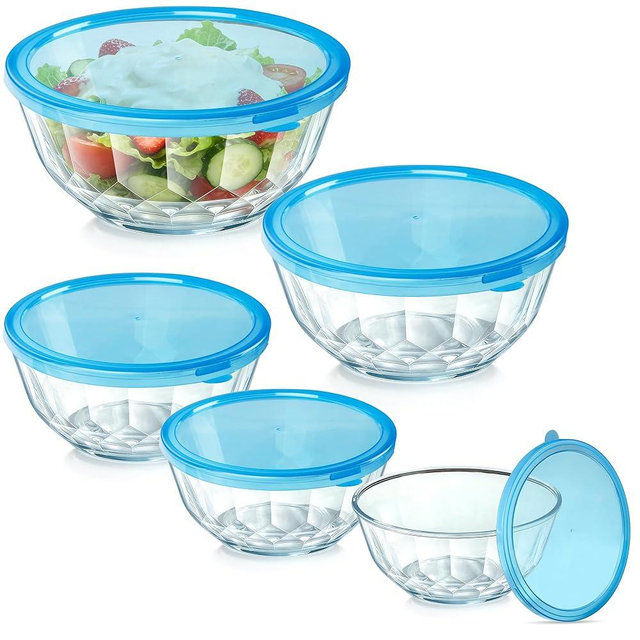 ENVTEK Thick Glass Mixing Bowls with Airtight Lids Set, 5-Piece Nesting Bowls for Baking & Meal Prep, BPA Free, Dishwasher Safe, 0.5/0.8/1.6/2.7/5 Quart - Blue