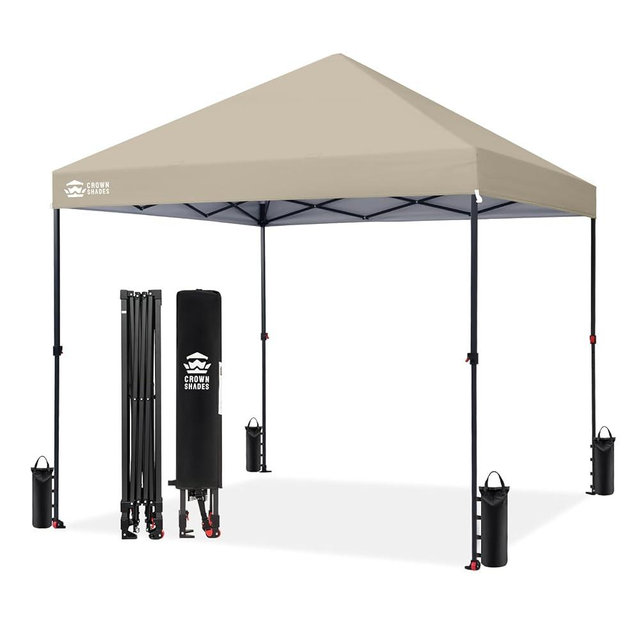 CROWN SHADES 8x8 Pop Up Canopy - Patented Center Lock One Push Instant Outdoor Canopy Beach Tent with STO-N-Go Bag 8 Stakes & 4 Sand Bags，Beige