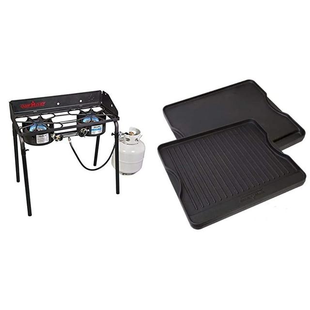 Camp Chef EX60LW Explorer 2 Burner Outdoor Camping Modular Cooking Stove & CGG16B Pre-Seasoned Reversible Cast Iron Grill/Griddle 1 unit