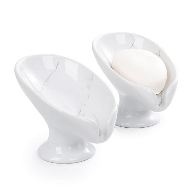 Soap Dish 2Pack, Ceramic Soap Holder Self Draining Marble Look Leaf-Shape Soap Dishes for Bathroom, Bar Soap Holder, Easy to Clean Keeps Soap Dry, ANTIS'S HOME