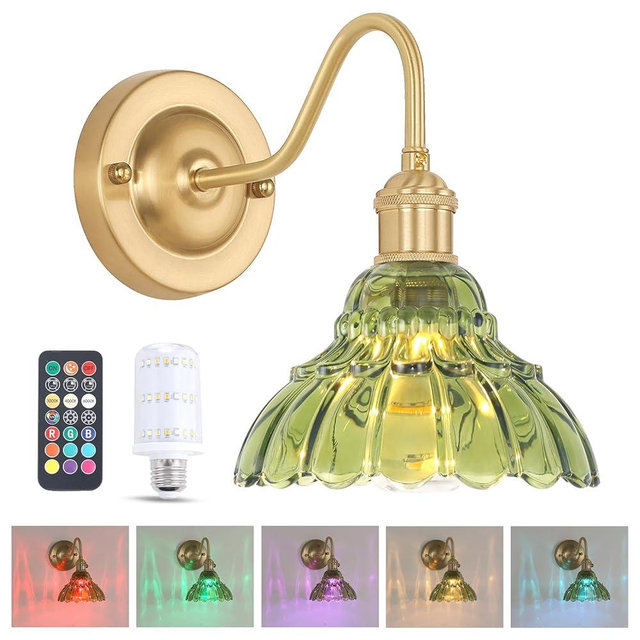 Shenmoyl Battery Operated Wall Sconce, Vintage Rechargeable Wall Lights with Green Lily Glass Shade, Wireless Indoor Wall Lamp with Remote for Bedroom Living Room Bathroom Hallway