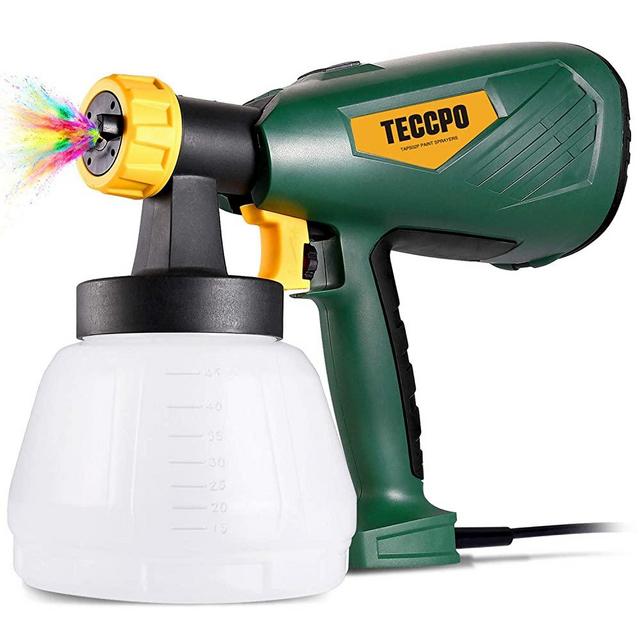 Paint Sprayer, TECCPO 600 Watts Up to 100DIN-s, 4 Nozzles sizes & 3 Spray Patterns, High Power HVLP Electric Spray Gun with 1300ml Detachable Container, Adjustable Volume Dial for Home & Gardening