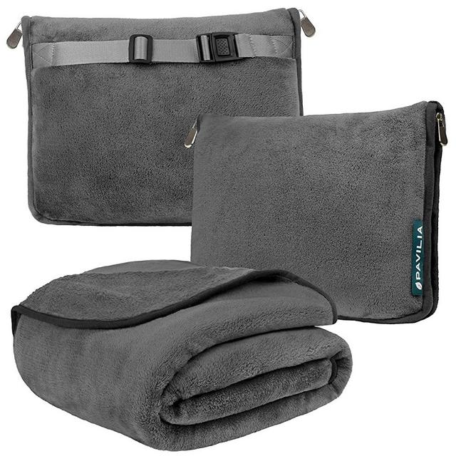 PAVILIA Travel Blanket and Pillow, Dual Zippers, Clip On Strap, Warm Soft Fleece 2-IN-1 Combo Blanket Airplane, Camping, Car, Large Compact Blanket Set, Luggage Backpack Strap, 60 x 43 (Charcoal Gray)