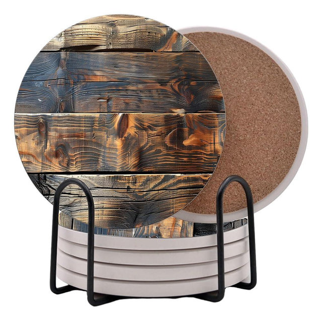 Brown Rustic Wood Grain Round Coasters Set of 6 - Abosrbent Ceramic Coasters with Metal Stand for Drinks, Coffee, Non-Slip Cork Back for Tabletop Protection, 4 Inches