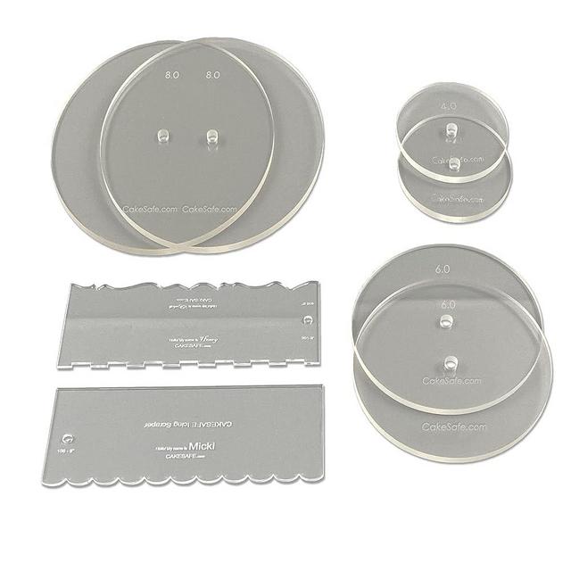 CAKESAFE Bare Necessities Cake Decorating Acrylic Disk Kit – 3 Sets -Round 4.00”, 6.00” and 8.00” Disk Sets (2 disks per size), 2-8" Icing Scrapers with 1 Scraper Edge and 3 Cake Comb Patterns