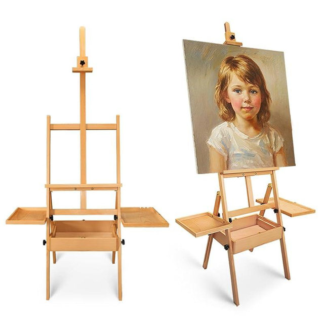 Foldable & Adjustable Wooden Art Easel with Storage Drawer Trays,Beech Wooden Easel for Painting,Artist Easel Stand for Painting,Standing Wood Easel Stand for Adult Student Studio,Stand Up Floor Easel