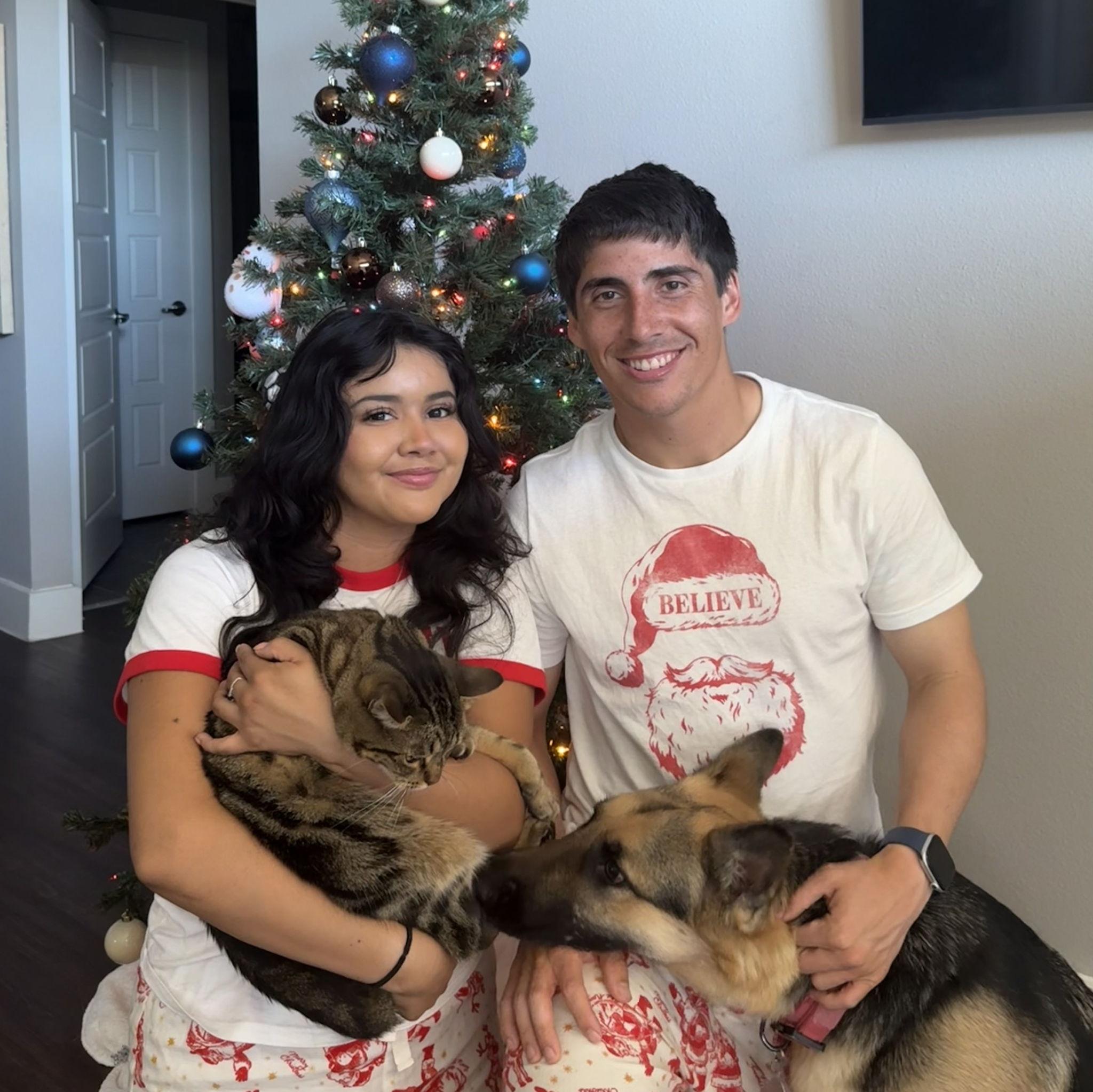 12/25/25: Our first Christmas at our first apartment! Will we ever get Artemis to look at the camera and not Mia? We will find out next year!