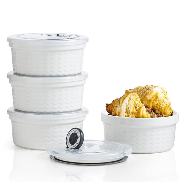 Ceramic Ramekins with Lids Oven Safe Set of 4, Baking Bowls for Dessert, Food Storage Bowls with Airtight Lids, Meal Prep Containers, Lunch Office Meal for Microwave and Freezer, White Ripple