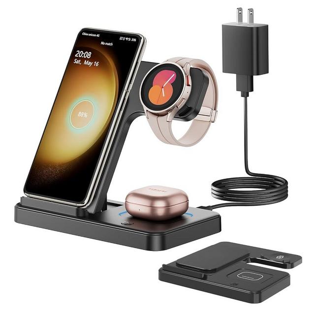 Wireless Charger for Samsung Charging Station: GEEKERA 3 in 1 Foldable Fast Phone Charger Stand for Galaxy Watch6/5 Pro/4/3/Active, S23 Ultra/S22/S21/S20, Z Fold/Flip Series, Android, Buds 2 Pro