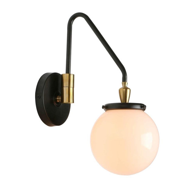 Pathson Swing Arm Hardwired Wall Sconce Light with Milk White Globe, Modern Adjustable Bedside Lamp Wall Vanity Lighting E26 Base, Wall Lamp Fixture for Living Room Bathroom(Black)