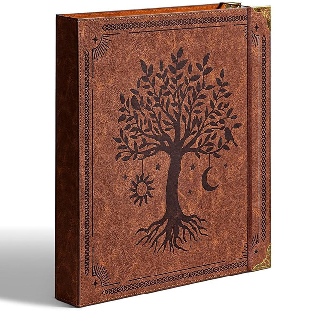 Ovesmusl Leather D Ring Binder Fits 8.5"x11" Letter Size Paper, 1.5 Inch D-Ring Binders Holds 400 Sheets, Notepad Paper Cover Loose Leaf Organizer with Inner Pockets, Brown Tree