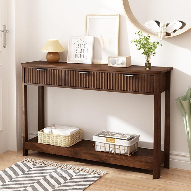 HOKYHOKY Fluted Console Table with Drawers, Modern 47.1" Entryway Table with Storage Shelf, Boho Narrow Skinny Behind Couch Wood Sofa Table for Living Room Hallway Entrance Foyer,Walnut
