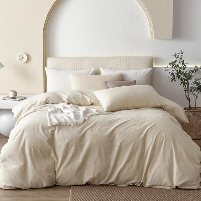 JIYUAN 100% Washed Cotton Duvet Cover Set Comfy Simple Style Soft Breathable Textured Durable Linen Feel Bedding for All Seasons Queen, Solid Beige