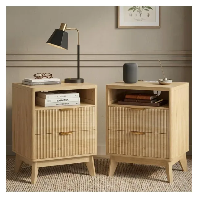 2-Pack Fluted Wave Nightstands with Charging Station, Wooden Bedside Table with 2 Drawers & Open Cubby, USB & AC Outlets, Modern End Table for Bedroo