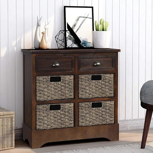 P PURLOVE Storage Chest Retro Style Storage Cabinet Storage Unit with 2 Wood Drawers and 4 Wicker Baskets for Home Kitchen Entryway Living Room (Espresso)