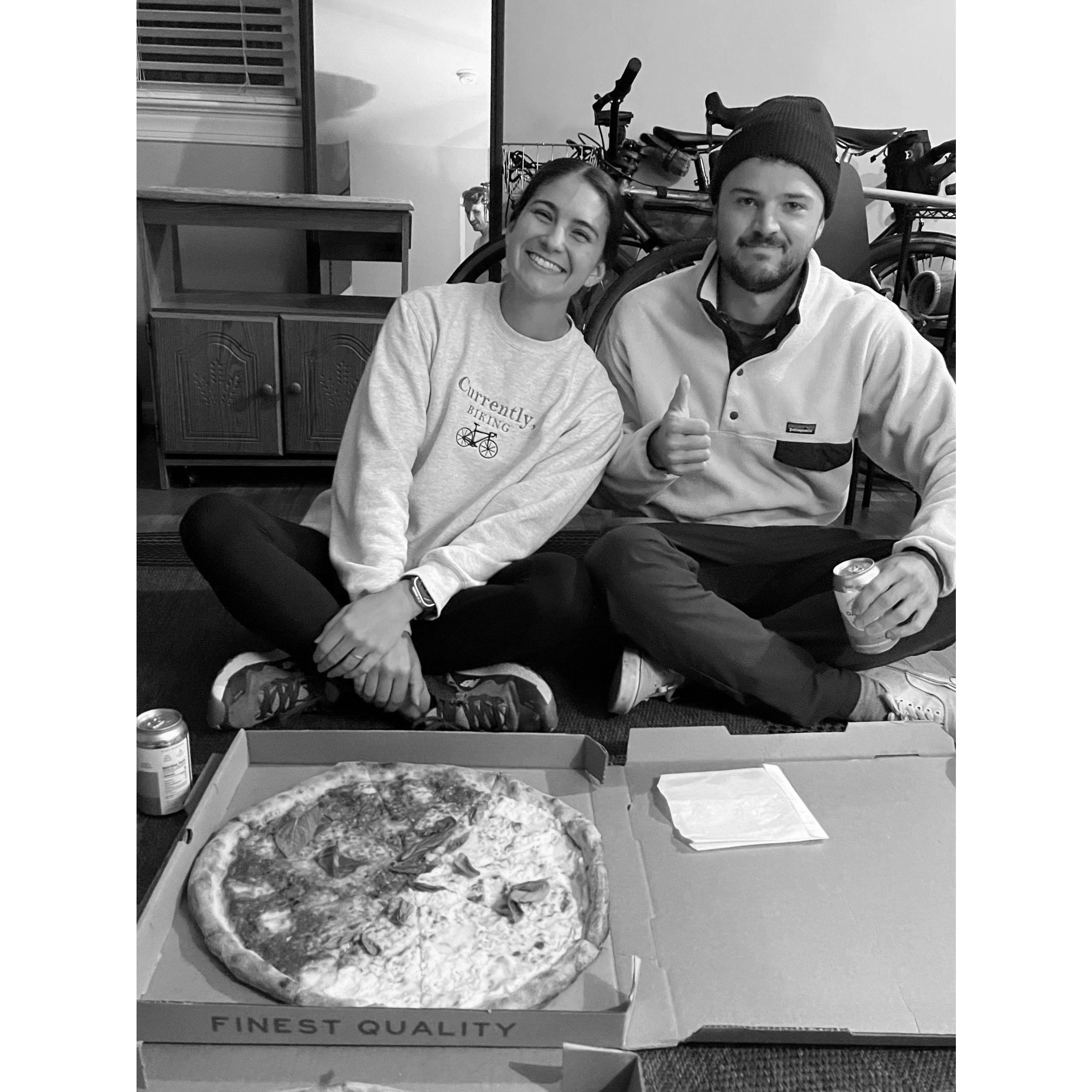 Raleigh, NC, 2023 - Pizza party for all our friends who helped us move into our new space. Cam was under the weather but managed to make it through the day with Lauren's leadership.