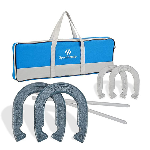 SpeedArmis Horseshoes Set, Universal Size Lawn Horseshoes Outdoor Games for Parties Beach Backyard - Includes 4 Horseshoes & 2 Steel Stakes & Durable Carrying Bag