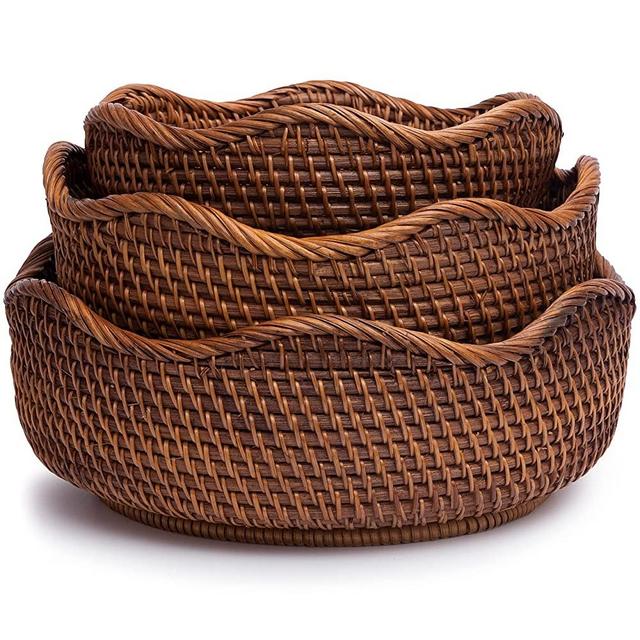 Vegetable Baskets for Kitchen Rattan Shallow Basket for Bathroom Rustic Storage Bins for Pantry Fruit Bowls for Table Centerpiece Kitchen Organizing Potato Onion Bread Key (Combo Set 3, Dark Brown)