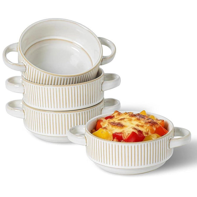 Feenmai Soup Bowls with Handles, 24 Oz French Onion Soup Bowls Oven Safe, Ceramic Soup Crocks for Chili, Beef Stew, Pasta & Casseroles, 6 inch Stackable Embossed Bowls Set of 4, Dishwasher Safe